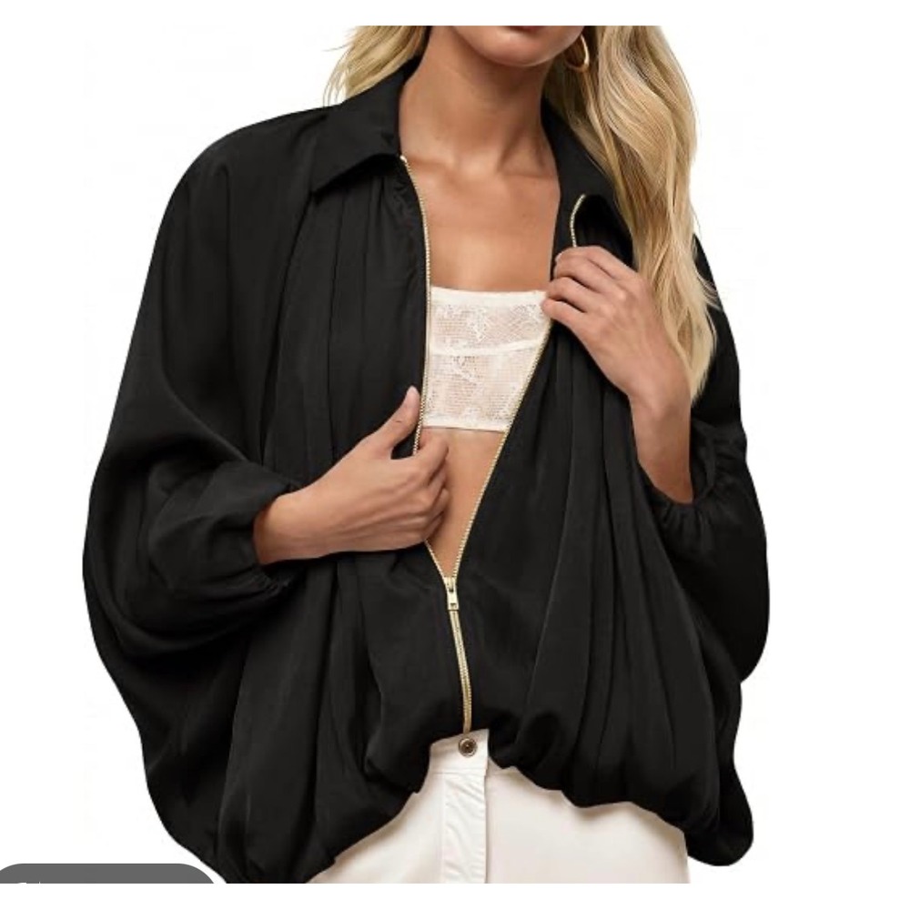 TANKANEO Womens Black Dolman Sleeve Zip Up Jacket Oversized Satin M7D643 M